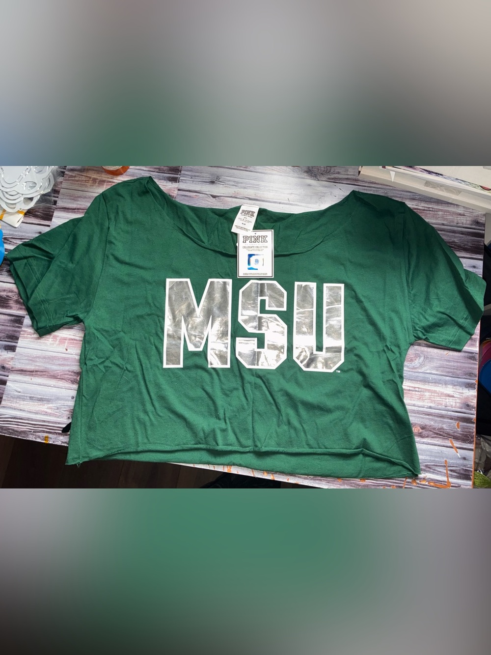 PINK Victoria's Secret Green MSU Cropped Tee